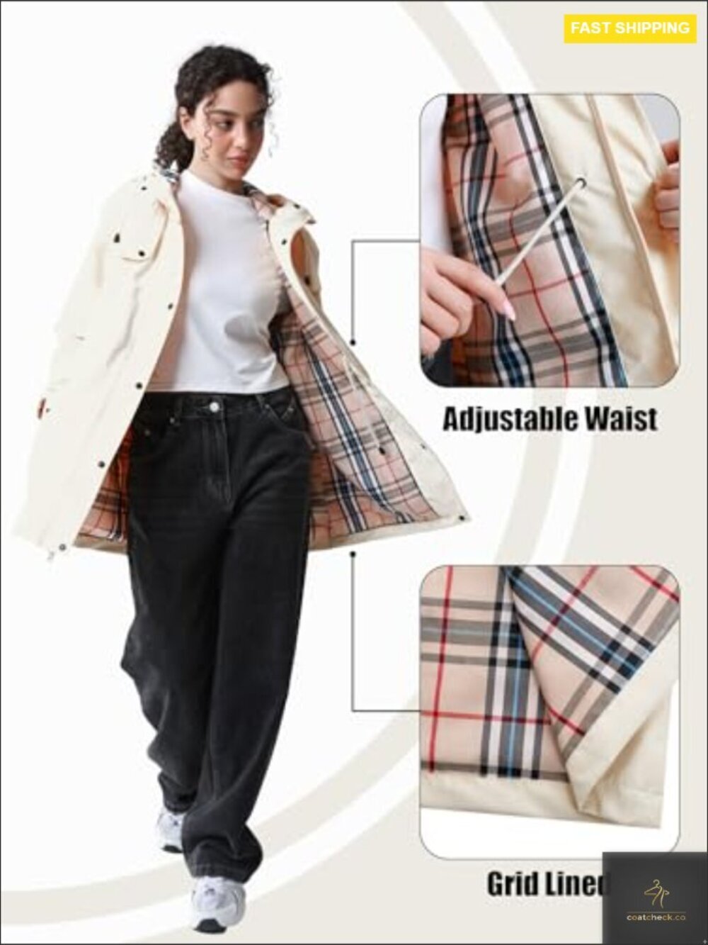 Waterproof Long Hooded Rain Jacket Windbreaker Trench Coat with Adjustable Waist - Picture 3 of 7